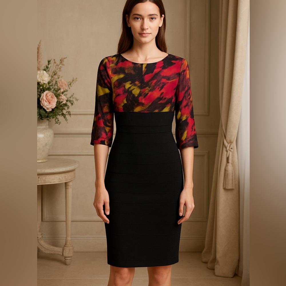 AVIDITA Floral Pencil, Women’s Dress Black Multicolor 3/4 Sleeve Size 38 (Small)